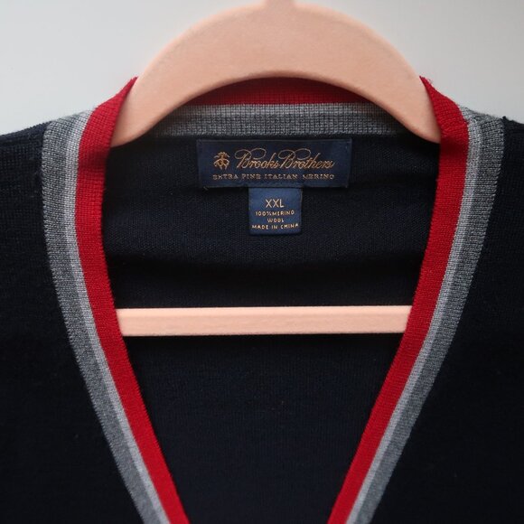 Brooks Brothers Men’s Italian Merino Wool Long Sleeve Cardigan XXL Navy Red Grey - Picture 6 of 10